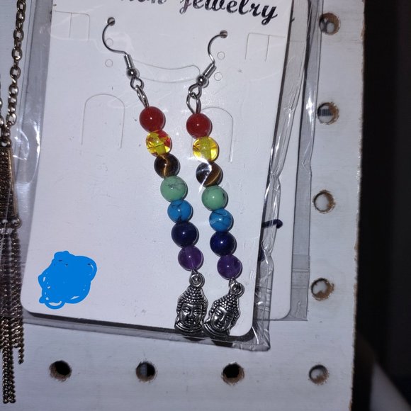 Jewelry - Dangling Earrings - Chakra colored beads with Buddha Head
